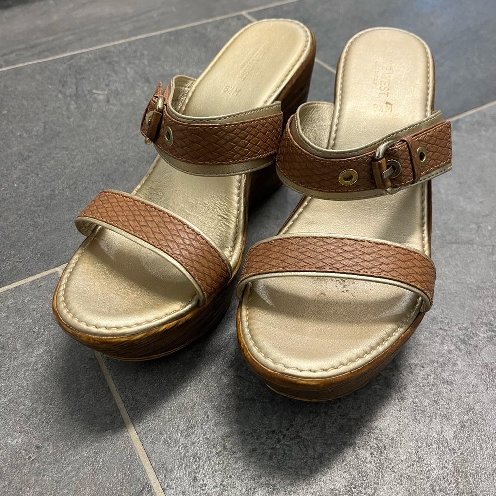 Nine West Gold and Brown Wedge Sandals